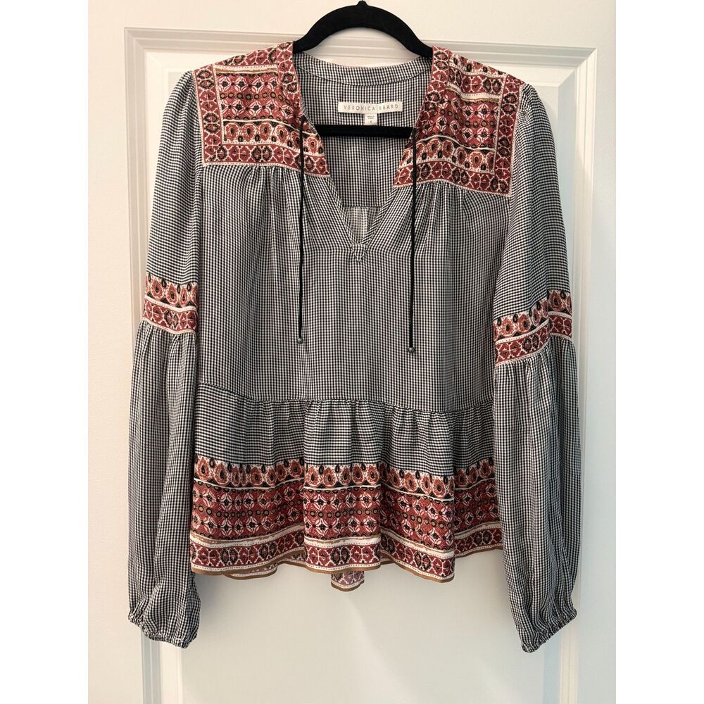 Veronica Beard Silk Blouse Womens 4 Gingham Paisley Boho Peasant Top Long Sleeve